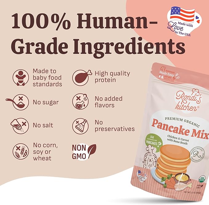 Rondi's Kitchen Organic Dog Pancake Mix - Natural Healthy Treat for All Dogs - Superfood Snack Made with Human-Grade Ingredients - Makes About 38 Pancakes - Chicken & Carrot with Bone Broth