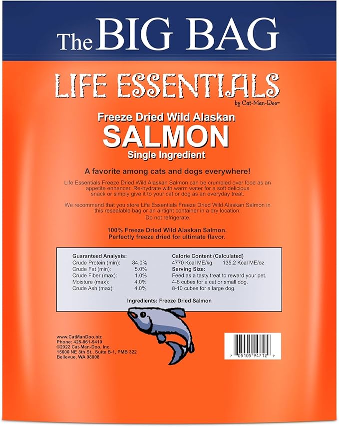 Life Essentials by Cat-Man-Doo Freeze Dried Salmon Cat & Dog Treats, Wild Caught Single Ingredient, Healthy Dog & Cat Treats, 16 oz