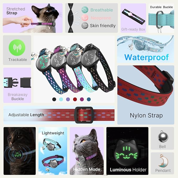 AirTag Cat Collar, Reflective Breakaway Collar, Hidden Holder with Bell | Compatible with Apple AirTag 1st & 2nd Gen, Lightweight Water-Resistant Strap for Cats, AirTag Not Included