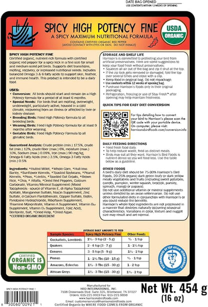 Harrison's Bird Foods High Potency Pepper—Maximum Nutritional Formula for Small to Medium Birds, Certified Organic Non-GMO Pet Bird Food, Vet-Developed, Suitable for All Life Stages, 454 g/ 1 lb