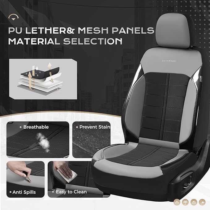 Coverado 3D Air Mesh Rear Car Seat Cover, Sports Carbon Fiber Design, Breathable Seat Protectors Airbag Compatible Comfort Universal for Most Cars, Van,Trucks, SUV, Black&Grey