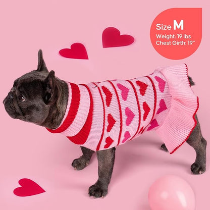 KYEESE Valentines Dog Sweater, Stretchy Pullover Small Dogs Sweater, Soft Turtleneck Dog Sweaters for Small Dogs, Warm Pet Sweaters Dress with Heart Print, Comfy Pet Clothes Coat with Leash Hole, M