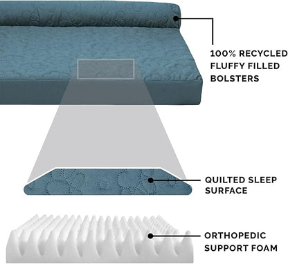 Furhaven Orthopedic Dog Bed for Medium/Small Dogs w/ Removable Bolsters & Washable Cover, For Dogs Up to 35 lbs - Pinsonic Quilted Paw L Shaped Chaise - Bluestone, Medium