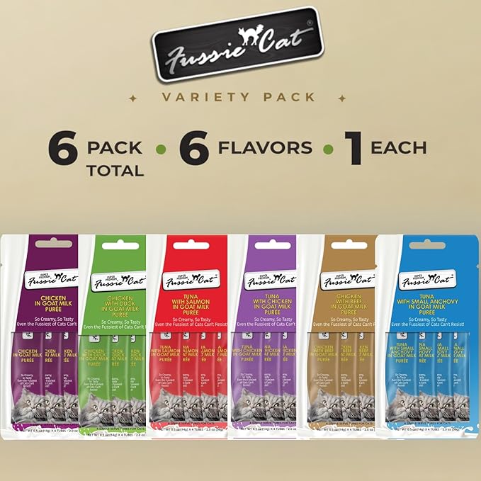 Fussie Cat Super Premium Cat Treats in Goat Milk Puree, lickable cat Treats,6 Packs of 4-0.5oz Tubes, Variety Flavor Pack of 6 Flavors.