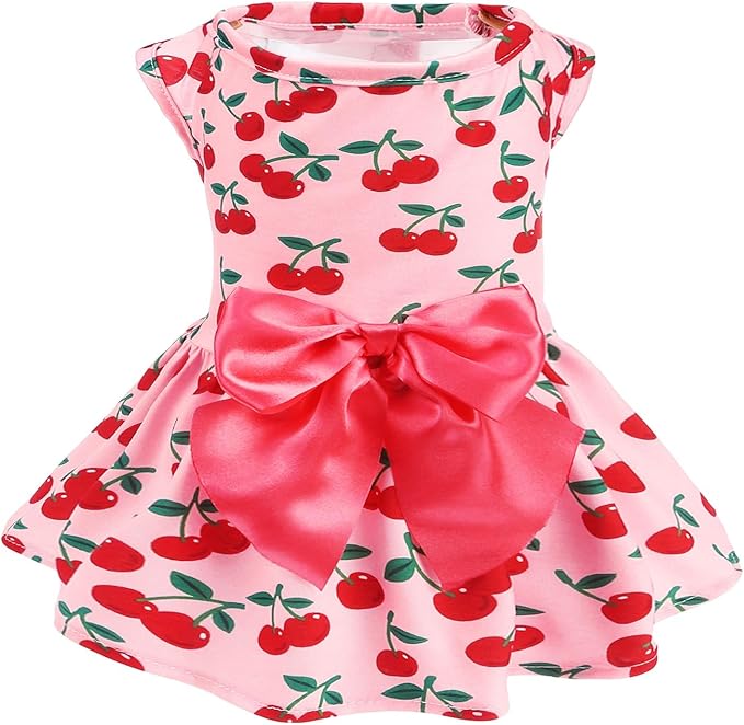 PUPTECK Print Dog Dress Pet Apparel with Cute Bowtie Puppy Clothes Outfit, Cherry, L