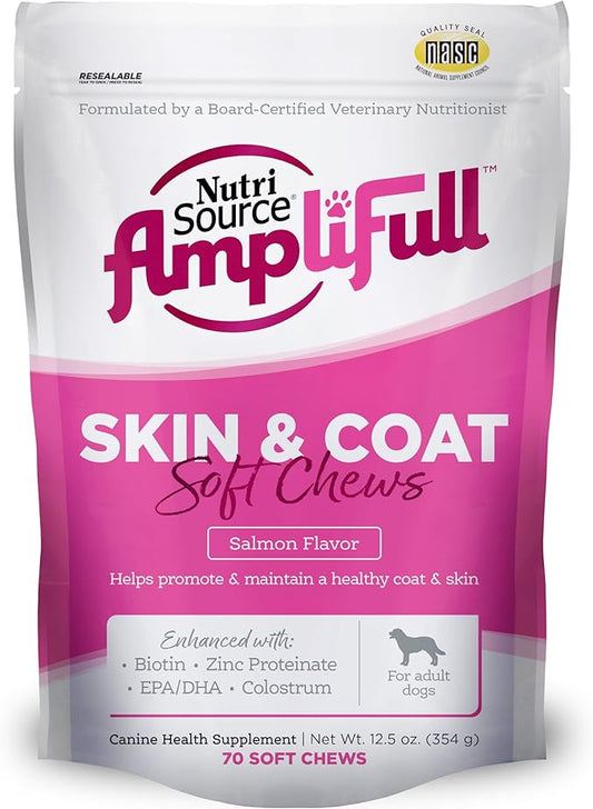 NutriSource AmpliFull Salmon Flavor Skin & Coat Soft Chews for Dogs, Daily Omega-3 Fatty Acids, Zinc & Biotin Supplement for Shiny Coat & Healthy Skin, 70 Chews (1 Pack)