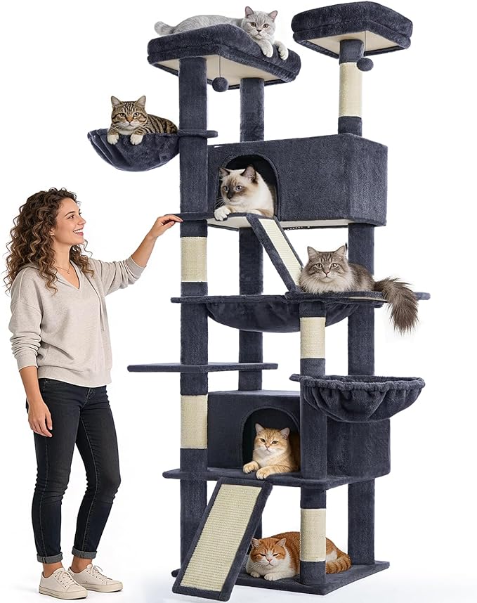 ABCPET Cat Tree 82 in Multi-Level Cat Tower for Indoor Cats, Heavy Duty Large Cat Tree with Sisal Scratching Posts, Hammock, 2 Perches, 2 Condos, 2 Hanging Baskets, Dark Grey