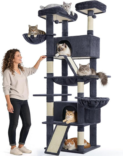 ABCPET Cat Tree 82 in Multi-Level Cat Tower for Indoor Cats, Heavy Duty Large Cat Tree with Sisal Scratching Posts, Hammock, 2 Perches, 2 Condos, 2 Hanging Baskets, Dark Grey