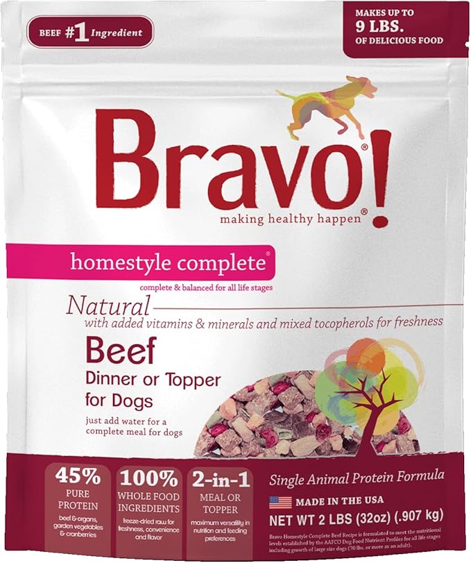 Bravo! Homestyle Complete Freeze Dried Raw Dog Food or Topper, Beef, 2 Pounds, Add Water to Rehydrate for up to 9 Pounds of Food, Grain Free, Gluten Free
