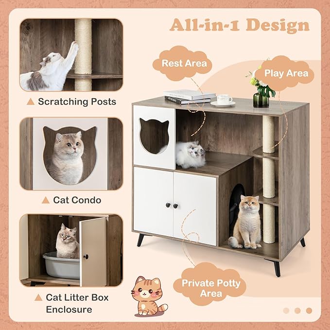 PETSITE Cat Litter Box Enclosure, Multifunctional Hidden Litter Box with Sisal Scratching Posts, Cat Condo, Litter Box Cabinet Furniture with 5 Metal Supporting Legs and Multiple Storage Space