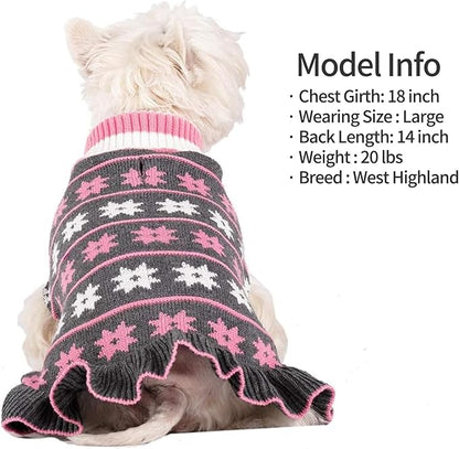 KYEESE Dog Sweater Warm Dogs Clothes Fall Winter Pet Coats Dog Sweater Dress with Classic Snowflake Pattern for Small Dogs Turtleneck Pullover Knit for Girl Pet Sweater with Leash Hole, Grey, Medium
