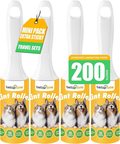 Mini Lint Roller 4 Pack for Pet Hair, 200 Sheets Total | Four Travel-Size Rollers for Purse, Car, Office, Luggage & Home