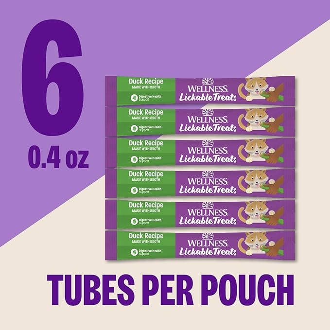 Wellness Lickable Treats Soft Puree Natural Grain Free Adult Cat Treats, Duck Recipe, Contains 6-0.4 Ounce Squeezable Tubes