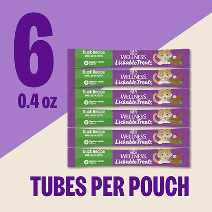 Wellness Lickable Treats Soft Puree Natural Grain Free Adult Cat Treats, Duck Recipe, Contains 6-0.4 Ounce Squeezable Tubes