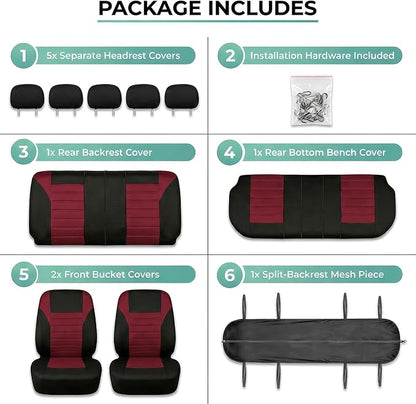FH Group Automotive Car Seat Covers Full Set Premium 3D Air Mesh Front Seat Covers, Airbag Compatible & Split Bench Cover Universal Fit Interior Accessories for Cars Trucks and SUVs - Burgundy