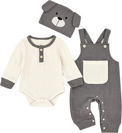 FOCUTEBB Baby Boy Clothes Cute Long Sleeve Romper Infant Pocket Overalls Adjustable Suspender Pants Set 0-18 Months