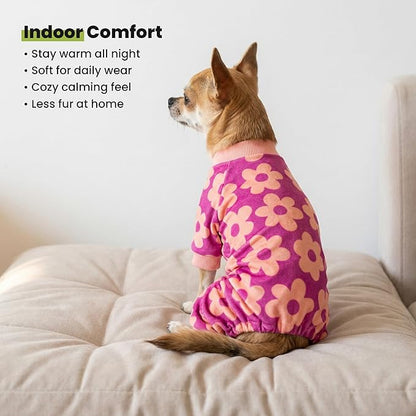 Fitwarm Flower Fleece Dog Pajamas, Warm Winter Dog Clothes for Small Dogs Girl, Cozy Pet Onesie with Feet, Pink, Medium