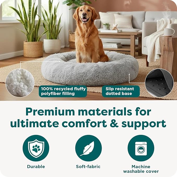 Furhaven 23" Round Calming Donut Dog Bed for Indoor Cats & Small Dogs, Washable, For Dogs Up to 20 lbs - Shaggy Plush Long Faux Fur Donut Bed - Gray, Small, 23.0"L x 23.0"W x 9.0"Th