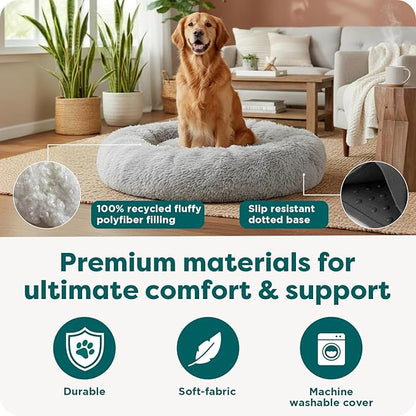 Furhaven 36" Round Calming Donut Dog Bed for Large/Medium Dogs, Refillable w/ Removable Washable Cover, For Dogs Up to 75 lbs - Shaggy Plush Long Faux Fur Donut Bed - Gray, Large
