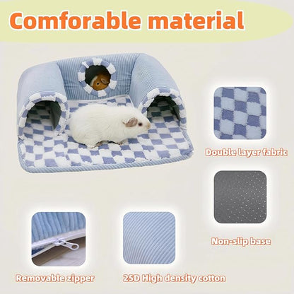 Guinea Pig Hideout Tunnel with Warm Bed for Small Pet 3 Cave Small Animal Tunnel Toy Cages Blue