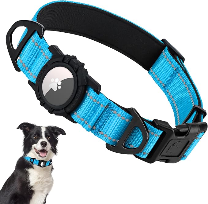 Taglory AirTag Dog Collar with Waterproof Holder for Medium Dogs, SkyBlue M | Reflective for Night Walks & Low-Light Safety, Track Your Pup Peace of Mind, Adjustable Soft Padded, No More Dangling Tags