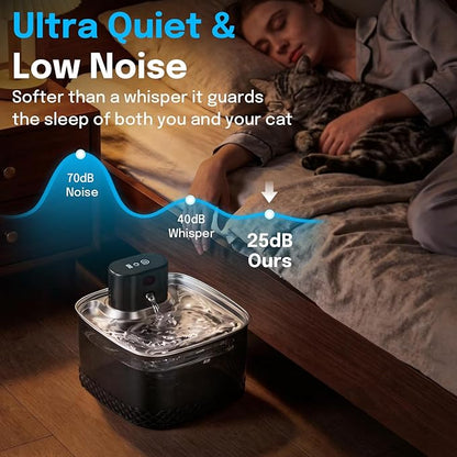 Wireless Cat Water Fountain, 2L Rechargeable Pet Fountain with Stainless Steel Tray, Ultra Quiet Pump, Motion Sensor & Anti-Dry Burn, Auto Water Dispenser for Cats Dogs, Black (1 Filter)
