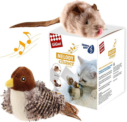 Gigwi Automatic Cat Toys Pack, Interactive Electronic Squeaky Animals Bird and Mouse, Plush Toys for Cats to Play Alone, 2 Pcs