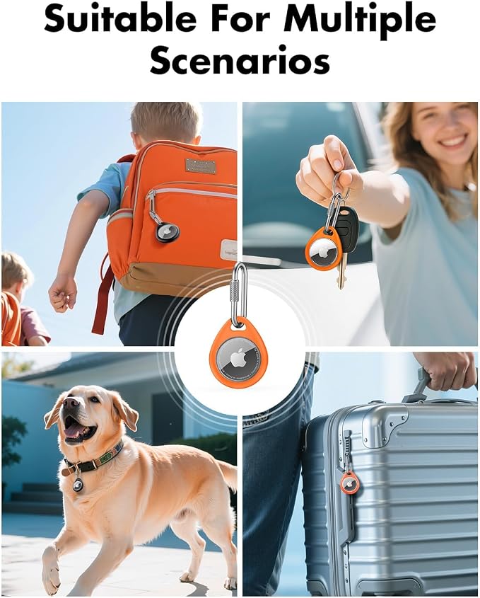 UNBREAKcable for AirTag Holder Case with Professional Carabiner, 4 Pack | Waterproof, Shockproof, Hold Securely, Easy to Install, Protective AirTag Keychain for Keys, Pets, Luggage-Black&Orange