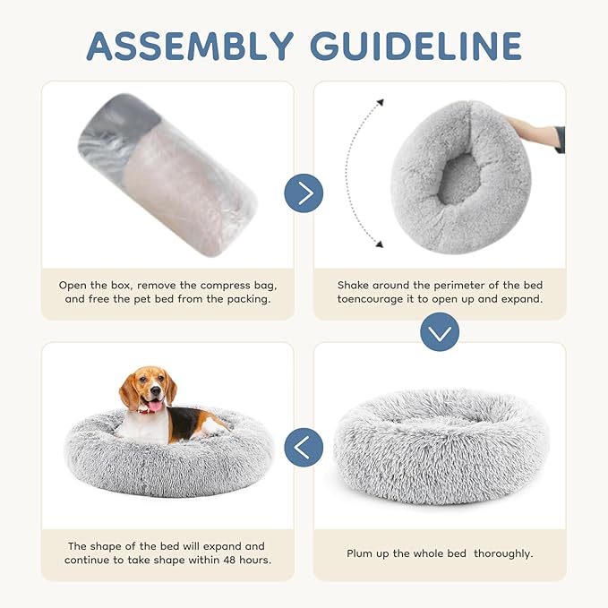 DUMOS 37.4x37.4 Inch Calming Donut Dog Beds for Large Dogs, Machine Washable Cuddler Warming Cozy Fluffy Faux Fur Plush Round Pet Bed Medium Sized Bed for Indoor Dogs and Cats, Grey