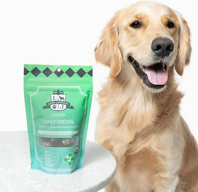 Lord Jameson Daily Greens Soft & Chewy Organic Dog Treats - Digestion Supporting Spinach, Dandelion, & Ginger - No-Bake, Gluten-Free, Preservative-Free, USDA Certified Organic - Made In USA 6 oz