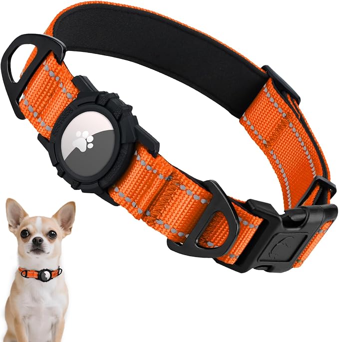 Taglory AirTag Dog Collar with Waterproof Holder for Puppy, Orange, XS | Reflective for Night Walks & Low-Light Safety, Track Your Pup Peace of Mind, Adjustable Soft Padded, No More Dangling Tags