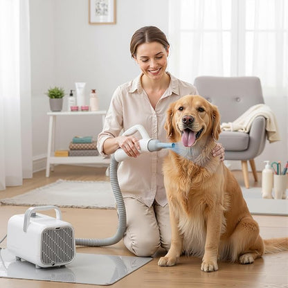 DUMOS Pet Blow Dryer Grooming Vacuum Kit, Dog Dog Hair Dryer with Adjustable Wind Speed & Heater Temperature, Cool-Warm-Hot Cycle Mode, 4 Nozzles, 6.5 FT Cord for Low Noise Cat Hair Remover, White