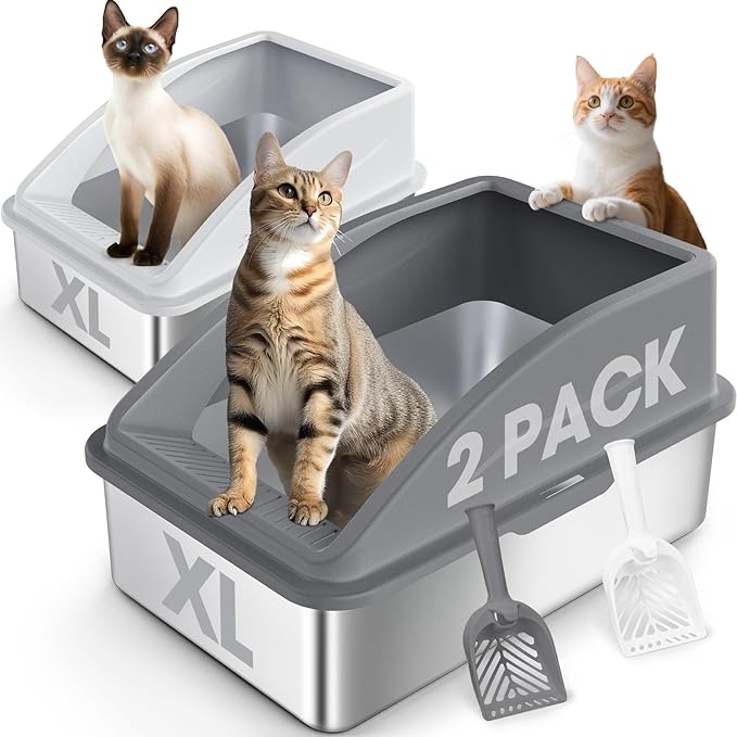 AIPERRO 2 Pack Stainless Steel Litter Box | XL Enclosed Cat Litter Boxes with Lid for Big Cats and Multi-Cats | High Sided, Anti-Urine Leakage | Non-Stick Bottom（Multi-Colored）