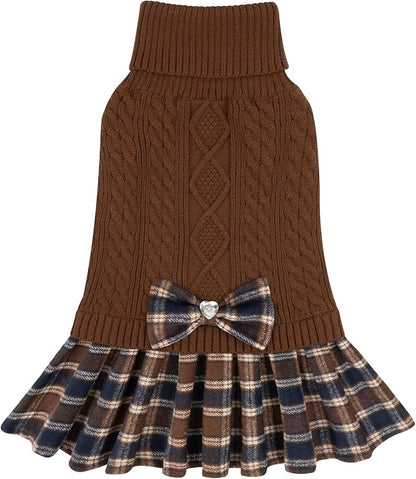 KYEESE Dog Sweater Warm Pullover Pet Coats Thick Dog Sweaters for Small Dogs Male Comfy Dogs Clothes with Bowtie Stretchy Knitwear Pet Sweater Dress Soft Turtleneck Cat Sweaters, Brown, Medium