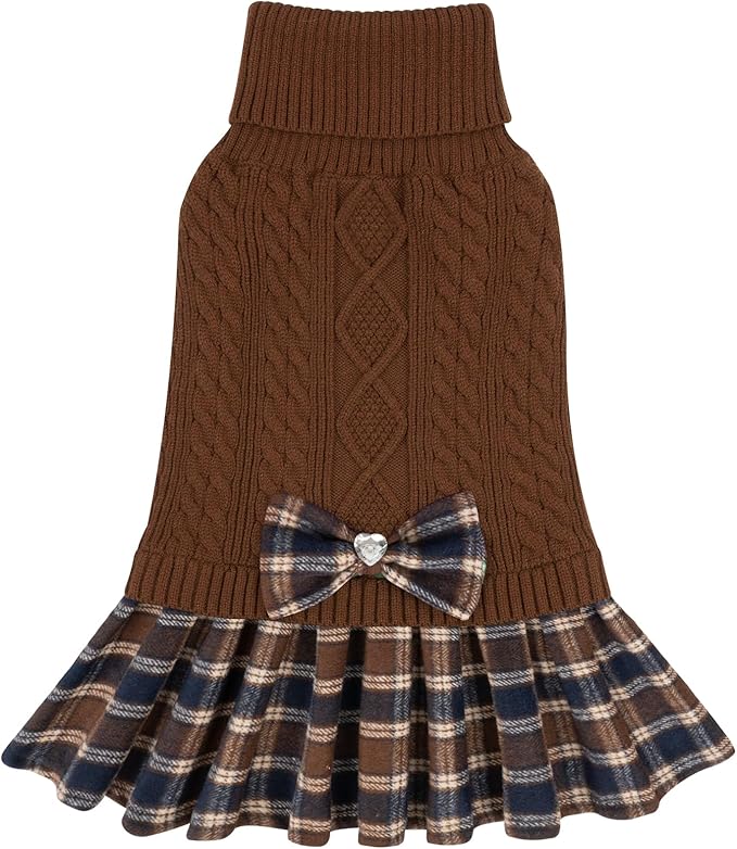 KYEESE Dog Sweater Stretchy Knitwear Pet Sweater Dress Warm Pullover Pet Coats Soft Turtleneck Cat Sweaters Comfy Dogs Clothes with Bowtie Thick Dog Sweaters for Small Dogs Male, Brown, Large