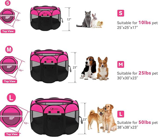 Siedihit Dog Cat Playpen, Large Puppy Pet Playpen, Dog Crate Tent Cage Indoor/Outdoor, Portable Pop Up Dogs Kennel Playpen with Carrying Case for Dogs/Cats/Rabbits, Hot Pink