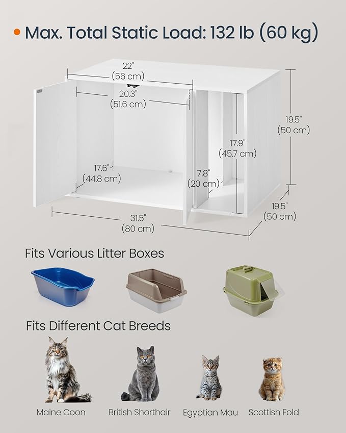 SONGMICS Home Cat Litter Box Enclosure, Superfast Toolless Assembly, Cat House for Large Cats, Display Side Table, Push-to-Open Doors, Minimalist Modern, Set of 2, Snow White UPCL013W01-2J