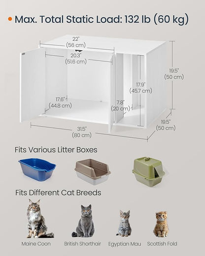 SONGMICS Home Cat Litter Box Enclosure, Superfast Toolless Assembly, Cat House for Large Cats, Display Side Table, Push-to-Open Doors, Minimalist Modern, Set of 2, Snow White UPCL013W01-2J