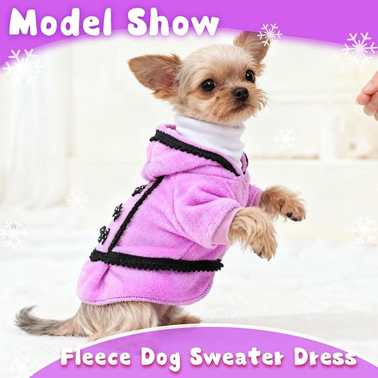 Puppy Sweaters for Small Dogs Girl Fleece Winter Fall Puppy Dress Warm Girl Dog Clothes with Leash Hole Cute Pet Oufit (Purple, XX-Small)
