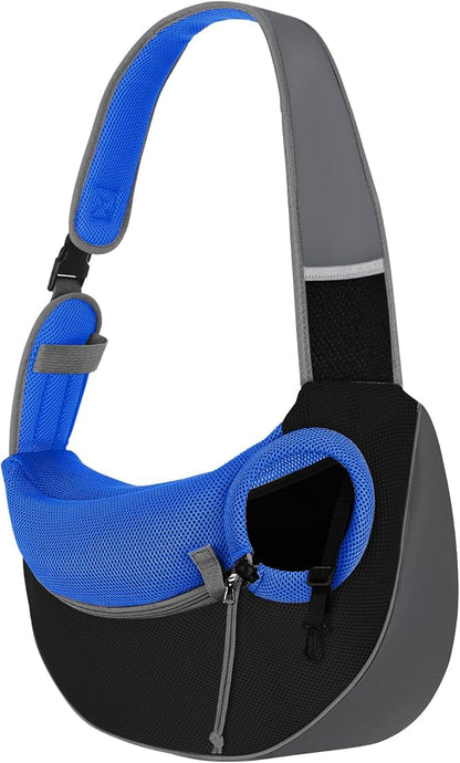 Pawaboo Dog Sling Carrier, Hand Free Breathable Mesh Bag for Puppy Cat, Drawstring Dog Papoose with Adjustable Strap and Pocket, Crossbody Satchel Dogs Purse for Outdoor Travel, L, Indigo