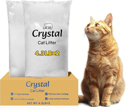 LMJP Crystal Cat Litter with Powerful Odor Control, Non-Clumping, Lasts Up to 2 Months, 8.6lb, Rapid Water Absorption, Unscented & Low Tracking Lightweight White Silica, 2 Pack of 4.3lb