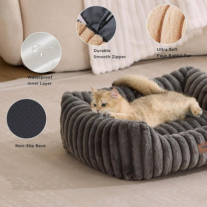ZOMISIA Small Dog Beds for Small Dogs - Washable Cat Beds for Indoor Cats, Rectangle Orthopedic Puppy Bed with Fluffy Removable Cover, 20x19x7inches, Camel