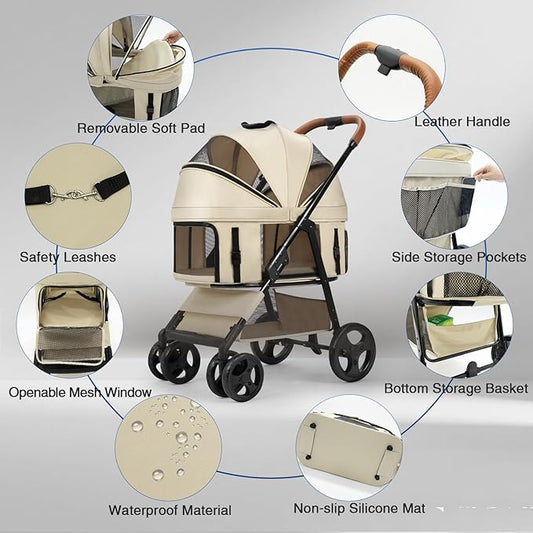 4 Wheels Pet Stroller for Small/Medium Dogs and Cats,Dog Stroller with Detachable Carrier and Storage Basket,One Click Folding, Compact Portable,Up to 50lbs,3 in1 Multifunctional(Grey)