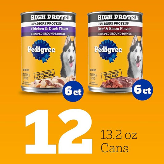 Pedigree High Protein Wet Dog Food, Adult Soft Canned Dog Food Variety Pack, Chicken Duck & Beef Bison Flavor, 13.2 oz. Cans, 12 Count