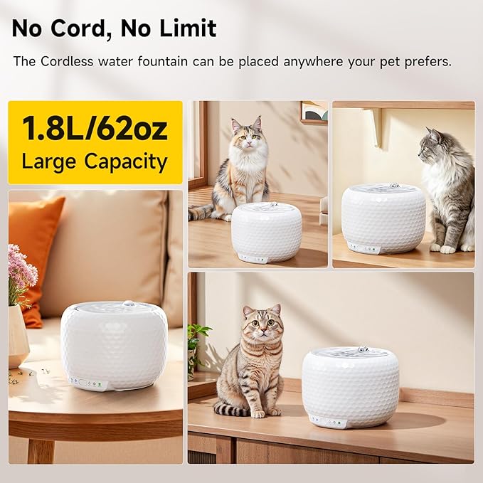 1.8L Wireless Cat Water Fountain with 5200mAh Rechargeable Battery, Ultra Quiet Pump Pet Water Dispenser, 2 Flow Modes Automatic Drinking Fountain for Cats & Small Dogs