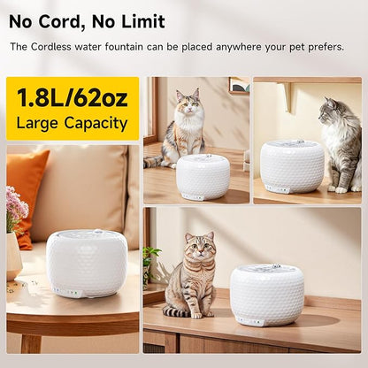 1.8L Wireless Cat Water Fountain with 5200mAh Rechargeable Battery, Ultra Quiet Pump Pet Water Dispenser, 2 Flow Modes Automatic Drinking Fountain for Cats & Small Dogs