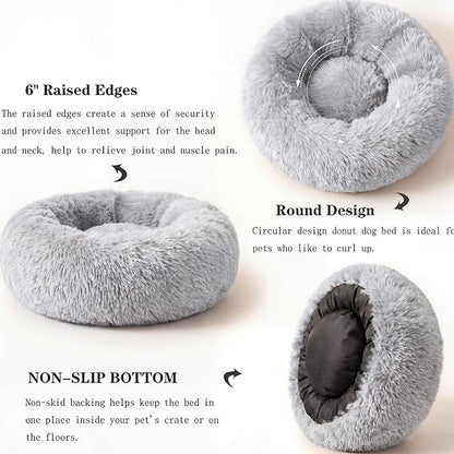 Calming Donut Dogs Beds for Small Dogs Washable,23inch Plush Round Pet Bed for Cozy Sleep,Fluffy Faux Fur Large Cat Bed,Fits up to 25 lbs Pets,Frost Grey