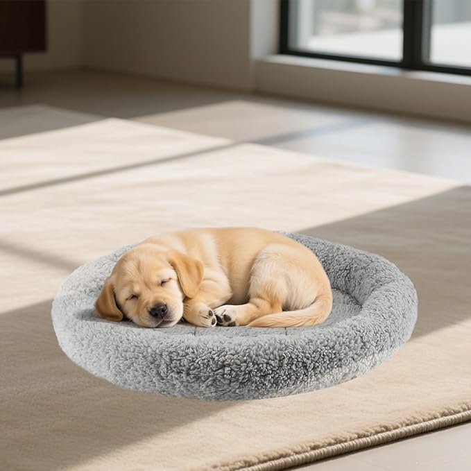 NAMSAN Round Cat Beds for Indoor Cats, 19.5 x 19.5 x 2 inch, Self Warm Pet Bed Pad with Pillow Around, Plush Cushion for Small Medium Dogs Large Cats, Antiskid Bottom, Grey