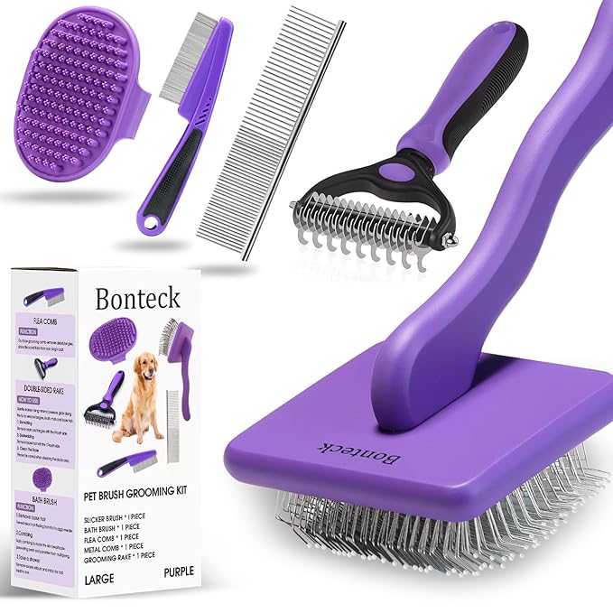 Bonteck Dog Slicker Brush for Dogs Grooming Kit 4PCS | Large Dog Brush for Goldendoodles Poodles Doodles | Long Pin Haired Brush | Poodle Brushes and Comb (Purple)