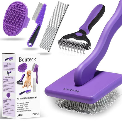 Bonteck Dog Slicker Brush for Dogs Grooming Kit 4PCS | Large Dog Brush for Goldendoodles Poodles Doodles | Long Pin Haired Brush | Poodle Brushes and Comb (Purple)